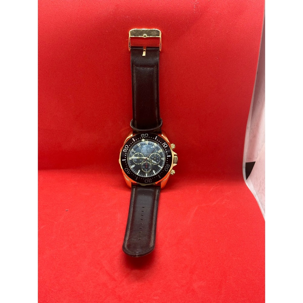 American Exchange Mens Gold Tone Chronograph Style Watch Black Leather Strap - Picture 2 of 14